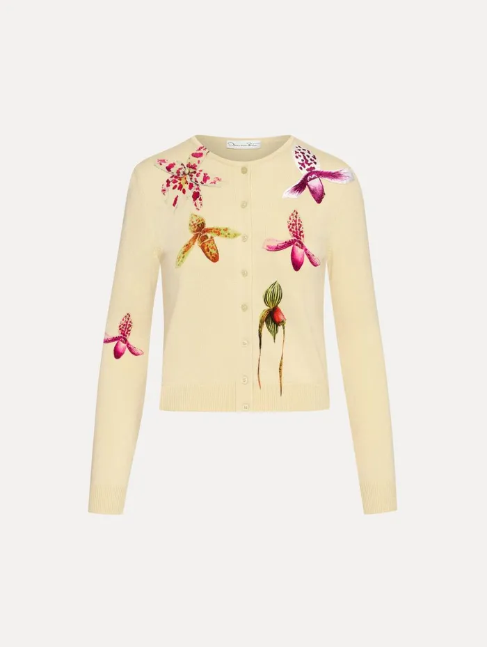 Women Blouses and Knits Oscar De La Renta Orchid Printed Cardigan Banana