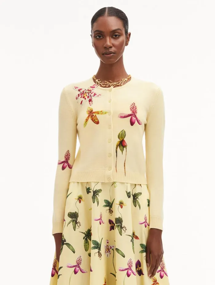 Women Blouses and Knits Oscar De La Renta Orchid Printed Cardigan Banana Women Blouses and Knits Oscar De La Renta Orchid Printed Cardigan Banana