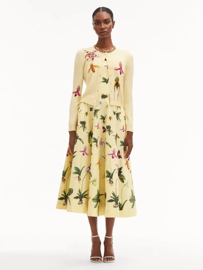Women Blouses and Knits Oscar De La Renta Orchid Printed Cardigan Banana Women Blouses and Knits Oscar De La Renta Orchid Printed Cardigan Banana