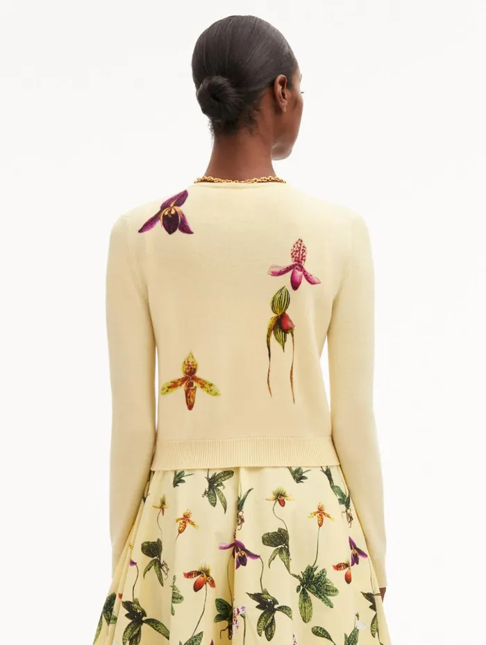 Women Blouses and Knits Oscar De La Renta Orchid Printed Cardigan Banana Women Blouses and Knits Oscar De La Renta Orchid Printed Cardigan Banana