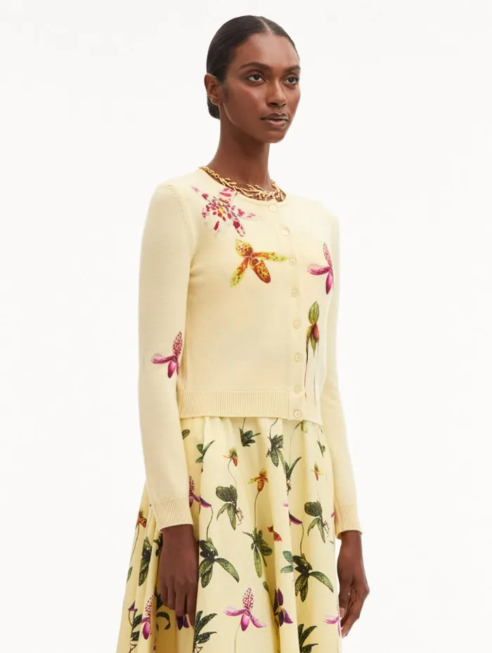 Women Blouses and Knits Oscar De La Renta Orchid Printed Cardigan Banana Women Blouses and Knits Oscar De La Renta Orchid Printed Cardigan Banana