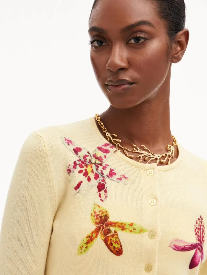 Women Blouses and Knits Oscar De La Renta Orchid Printed Cardigan Banana Women Blouses and Knits Oscar De La Renta Orchid Printed Cardigan Banana