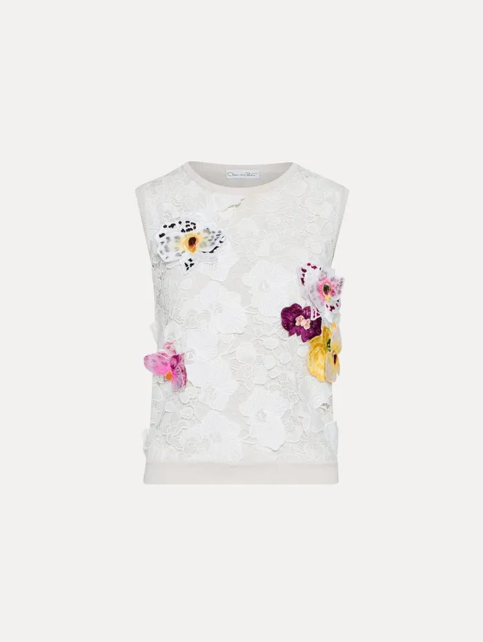 Women Blouses and Knits Oscar De La Renta Orchid Threadwork Inset Tank White Multi