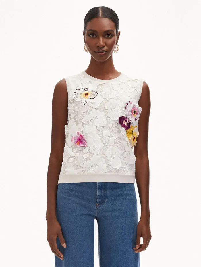 Women Blouses and Knits Oscar De La Renta Orchid Threadwork Inset Tank White Multi Women Blouses and Knits Oscar De La Renta Orchid Threadwork Inset Tank White Multi