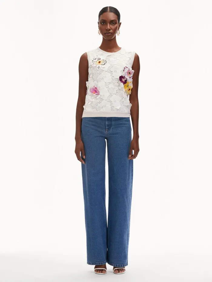 Women Blouses and Knits Oscar De La Renta Orchid Threadwork Inset Tank White Multi Women Blouses and Knits Oscar De La Renta Orchid Threadwork Inset Tank White Multi