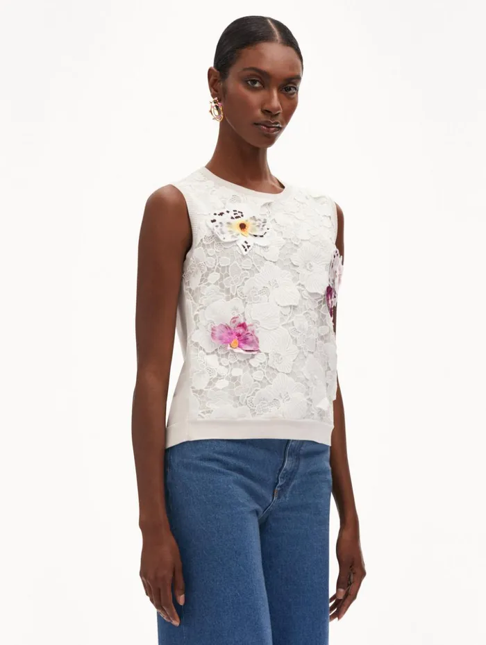 Women Blouses and Knits Oscar De La Renta Orchid Threadwork Inset Tank White Multi Women Blouses and Knits Oscar De La Renta Orchid Threadwork Inset Tank White Multi