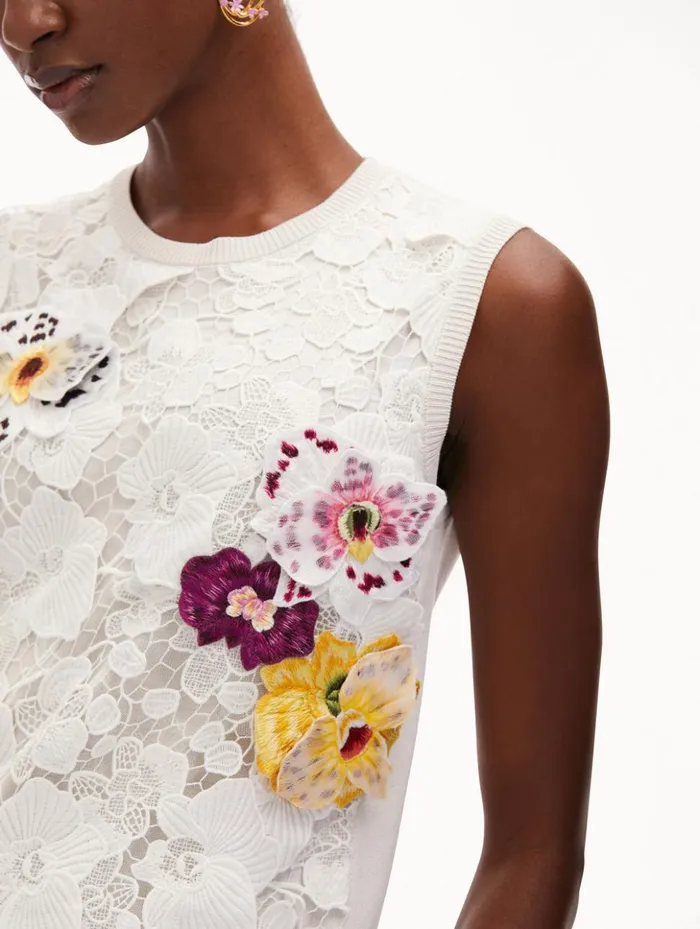 Women Blouses and Knits Oscar De La Renta Orchid Threadwork Inset Tank White Multi Women Blouses and Knits Oscar De La Renta Orchid Threadwork Inset Tank White Multi
