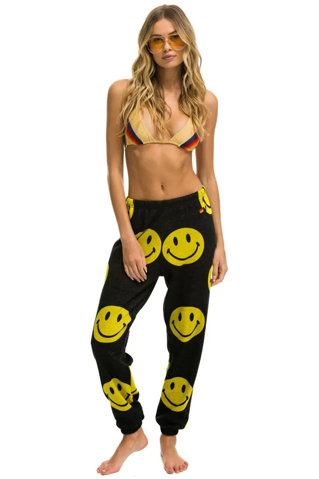 Women Bottoms Aviator Nation SMILEY REPEAT SWEATPANTS 8211 BLACK