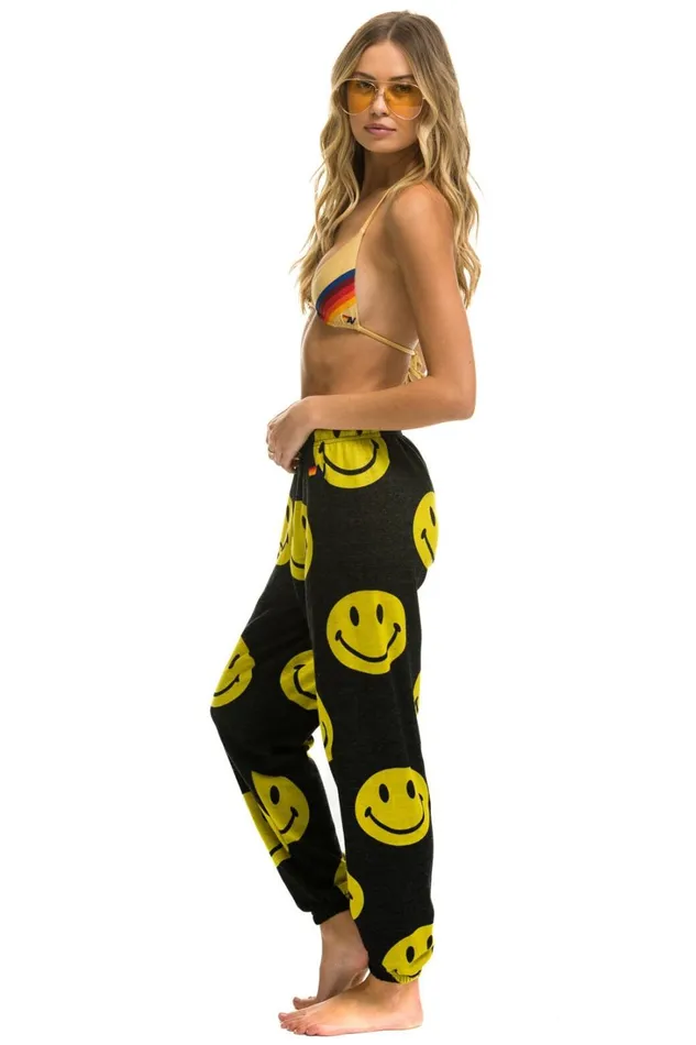 Women Bottoms Aviator Nation SMILEY REPEAT SWEATPANTS 8211 BLACK Women Bottoms Aviator Nation SMILEY REPEAT SWEATPANTS 8211 BLACK