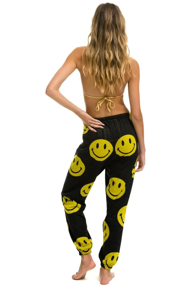 Women Bottoms Aviator Nation SMILEY REPEAT SWEATPANTS 8211 BLACK Women Bottoms Aviator Nation SMILEY REPEAT SWEATPANTS 8211 BLACK