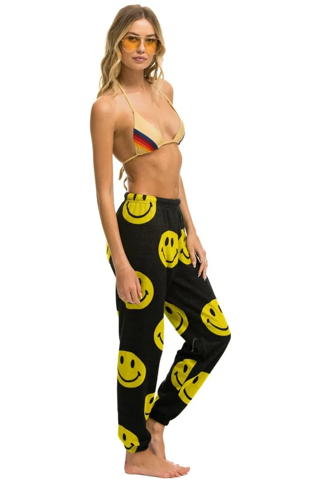 Women Bottoms Aviator Nation SMILEY REPEAT SWEATPANTS 8211 BLACK Women Bottoms Aviator Nation SMILEY REPEAT SWEATPANTS 8211 BLACK
