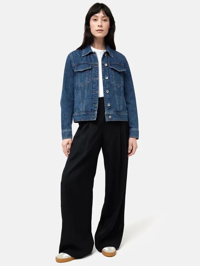 Women Boxy Denim Trucker Jacket Vintage Mid Blue Jigsaw Denim