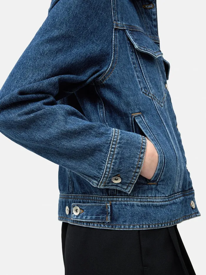 Women Boxy Denim Trucker Jacket Vintage Mid Blue Jigsaw Denim