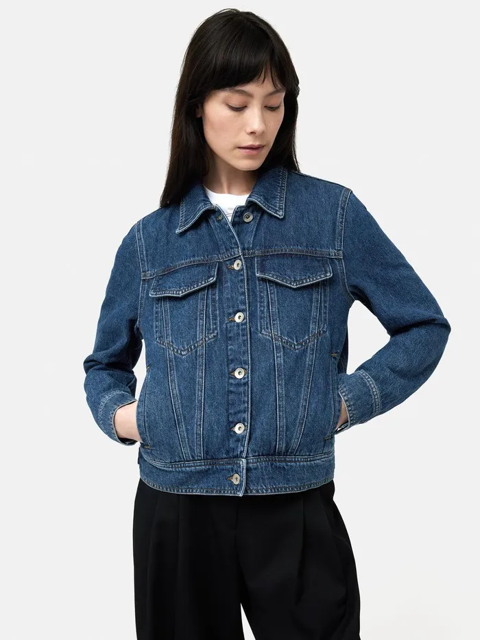 Women Boxy Denim Trucker Jacket Vintage Mid Blue Jigsaw Denim