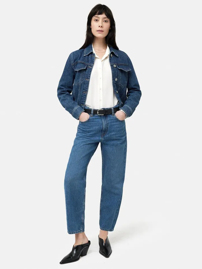 Women Boxy Denim Trucker Jacket Vintage Mid Blue Jigsaw Denim