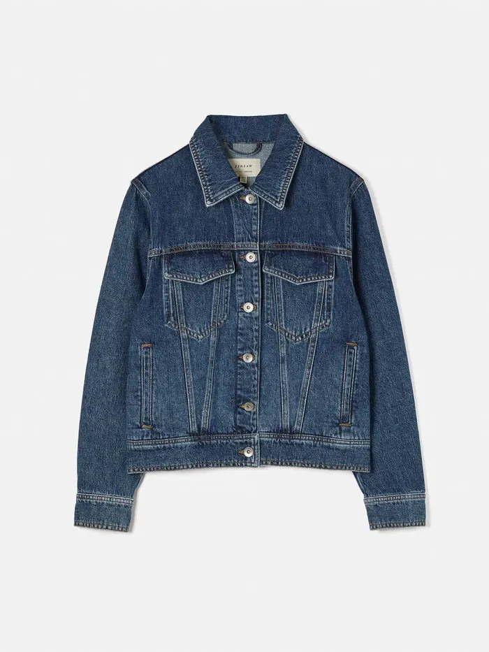 Women Boxy Denim Trucker Jacket Vintage Mid Blue Jigsaw Denim