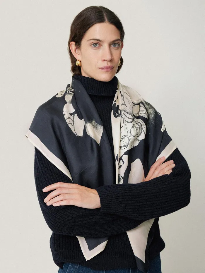 Women Collage Silk Twill Scarf Monochrome Jigsaw Ponchos and Scarves