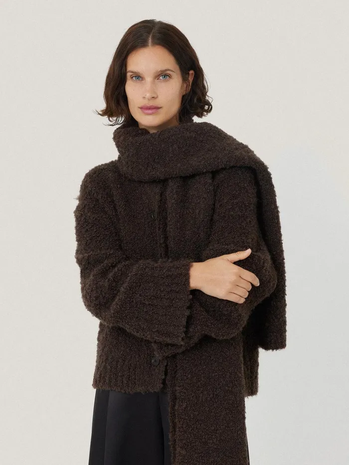 Women Cosy Boucle Scarf Cardi Brown Jigsaw Knitwear and Cashmere