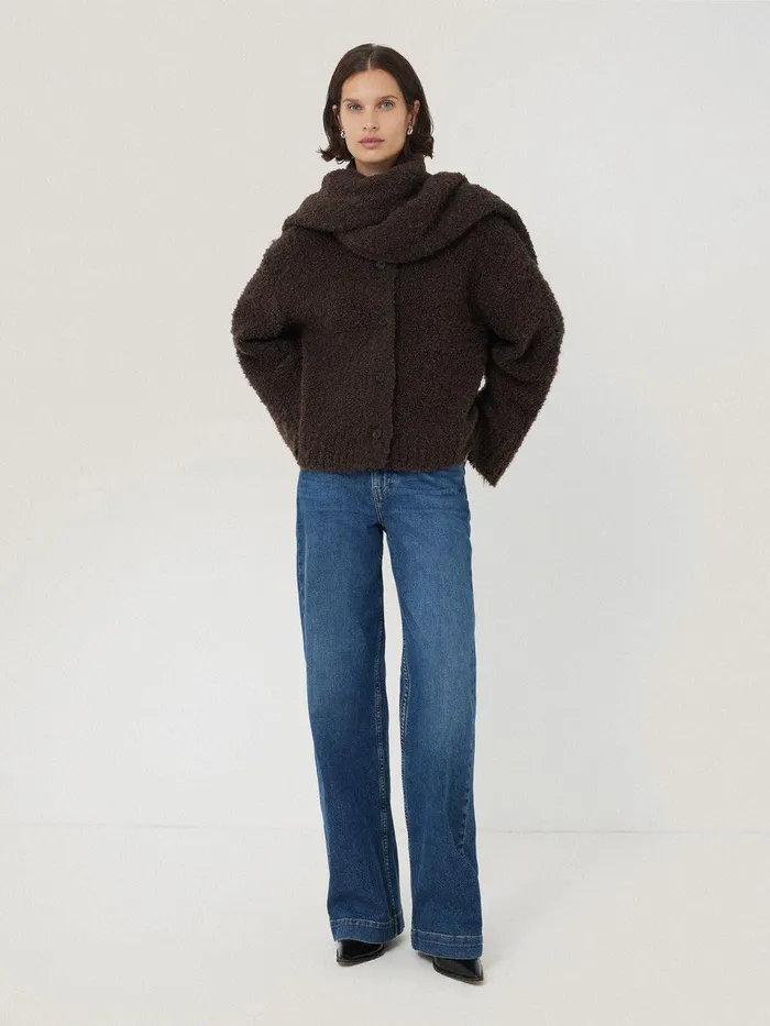 Women Cosy Boucle Scarf Cardi Brown Jigsaw Knitwear and Cashmere
