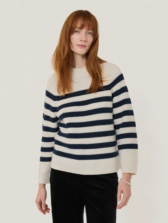 Women Cotton Blend Stripe Jumper Navy Jigsaw Knitwear and Cashmere
