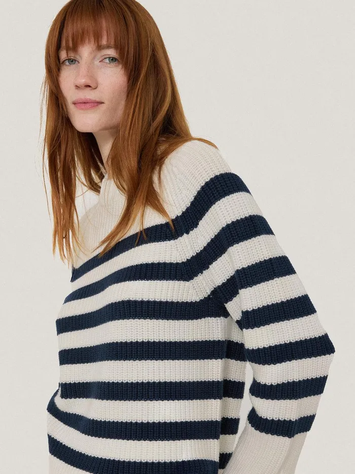 Women Cotton Blend Stripe Jumper Navy Jigsaw Knitwear and Cashmere