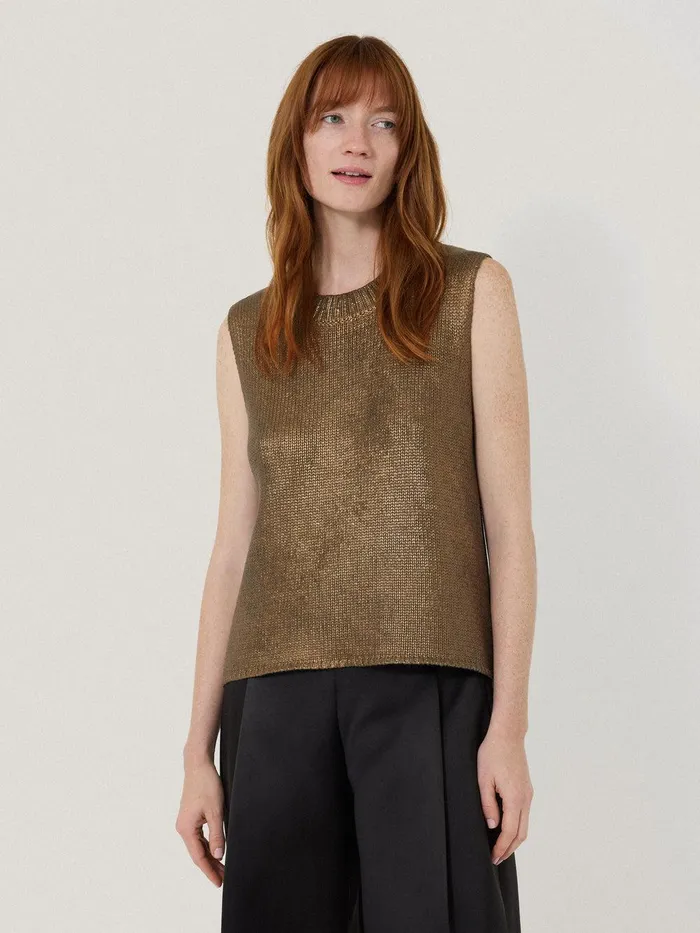 Women Cotton Metallic Crew Tank Gold Jigsaw Knitwear and Cashmere