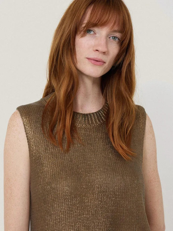 Women Cotton Metallic Crew Tank Gold Jigsaw Knitwear and Cashmere