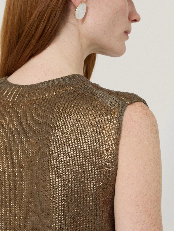 Women Cotton Metallic Crew Tank Gold Jigsaw Knitwear and Cashmere
