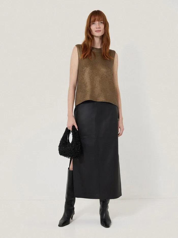 Women Cotton Metallic Crew Tank Gold Jigsaw Knitwear and Cashmere