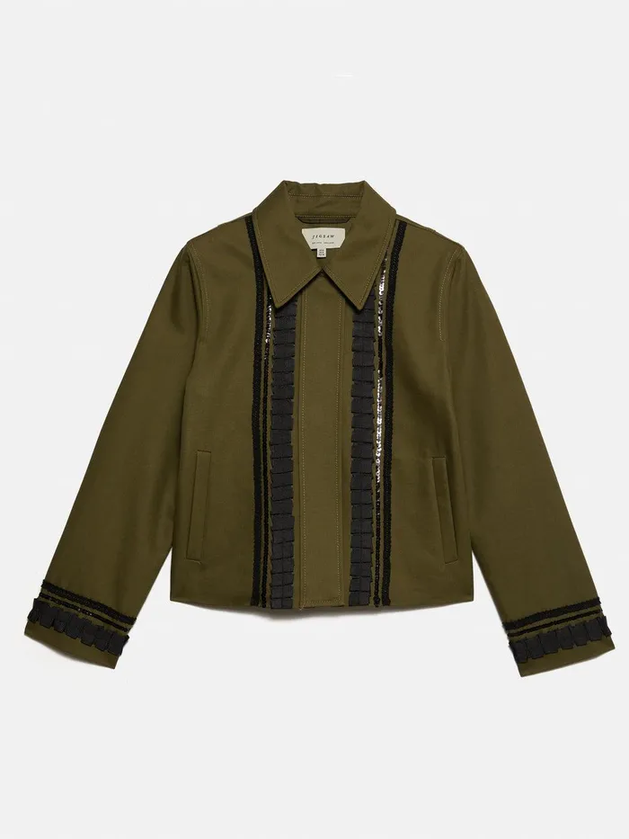 Women Cotton Trim Detail Jacket Khaki Jigsaw Coords