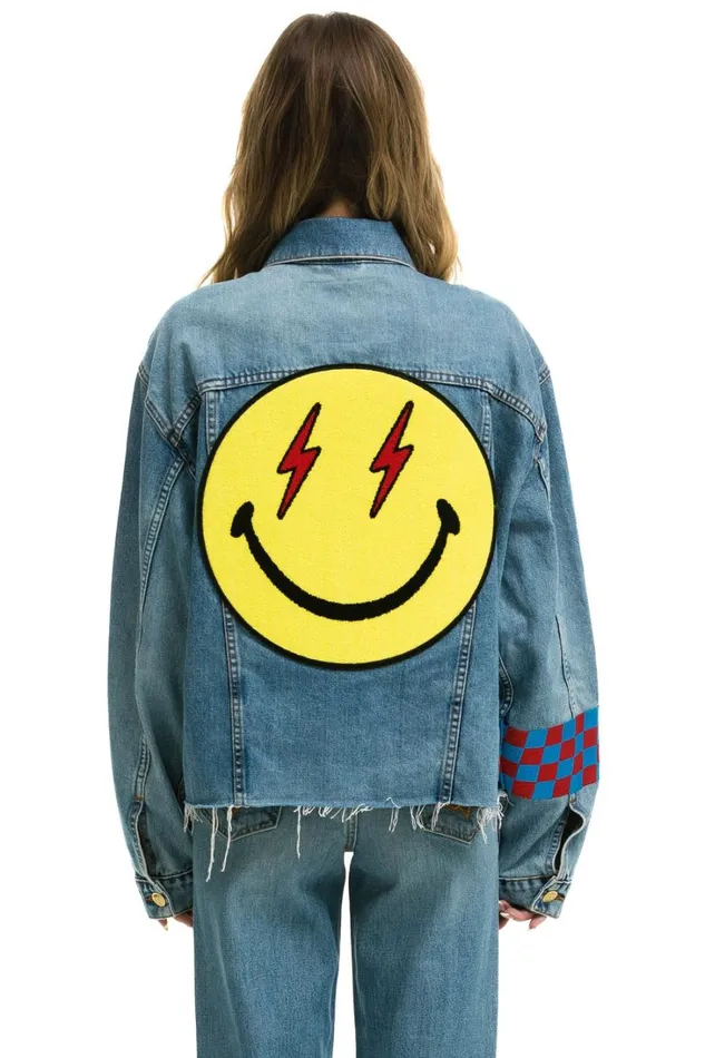 Women Denim Aviator Nation STOKED BOLT SMILEY OVERSIZED CUTOFF DENIM JACKET 8211 VINTAGE