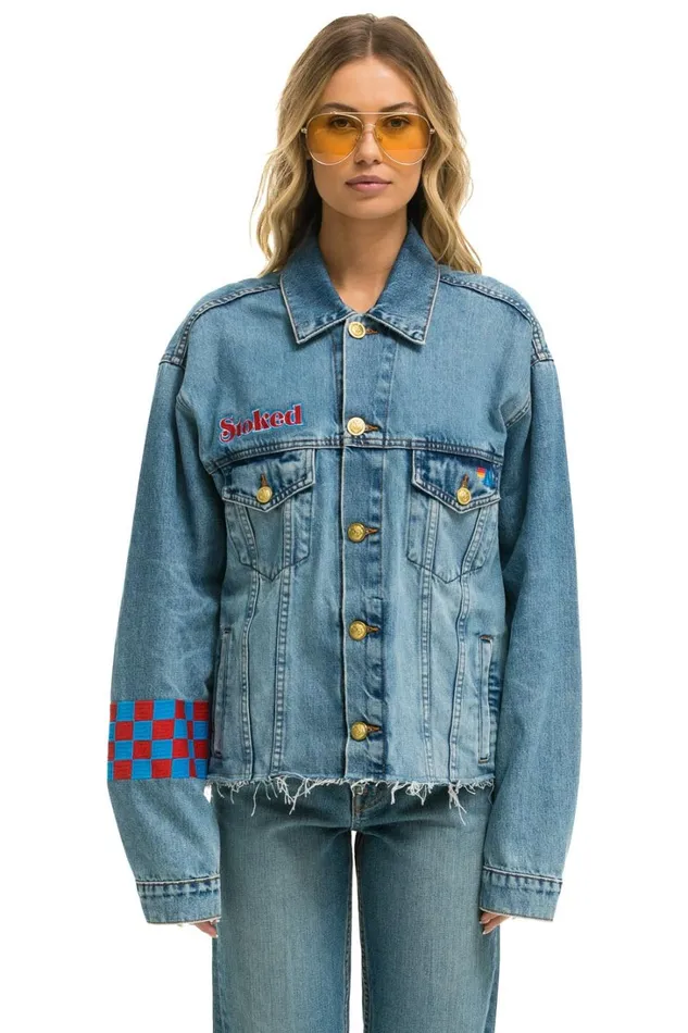 Women Denim Aviator Nation STOKED BOLT SMILEY OVERSIZED CUTOFF DENIM JACKET 8211 VINTAGE Women Denim Aviator Nation STOKED BOLT SMILEY OVERSIZED CUTOFF DENIM JACKET 8211 VINTAGE