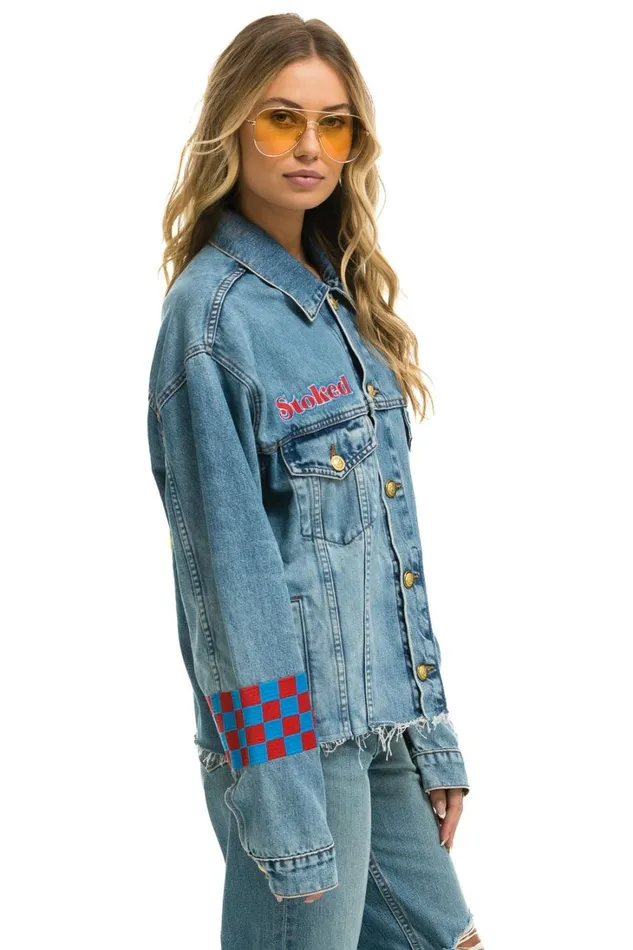 Women Denim Aviator Nation STOKED BOLT SMILEY OVERSIZED CUTOFF DENIM JACKET 8211 VINTAGE Women Denim Aviator Nation STOKED BOLT SMILEY OVERSIZED CUTOFF DENIM JACKET 8211 VINTAGE