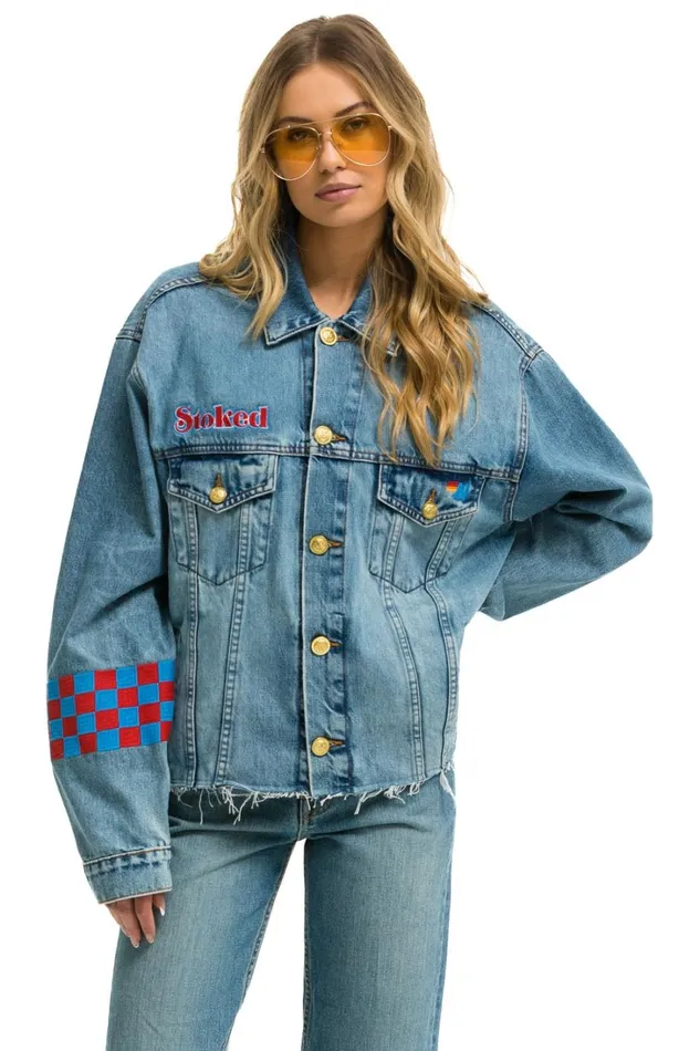 Women Denim Aviator Nation STOKED BOLT SMILEY OVERSIZED CUTOFF DENIM JACKET 8211 VINTAGE Women Denim Aviator Nation STOKED BOLT SMILEY OVERSIZED CUTOFF DENIM JACKET 8211 VINTAGE