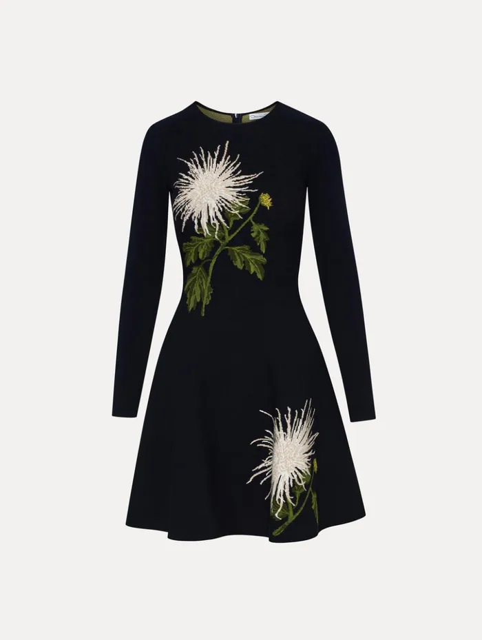 Women Dresses Oscar De La Renta Chrysanthemum Jacquard Long Sleeve Dress White Navy