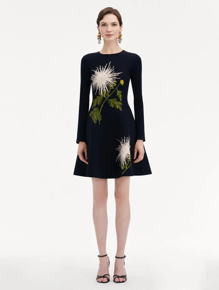 Women Dresses Oscar De La Renta Chrysanthemum Jacquard Long Sleeve Dress White Navy Women Dresses Oscar De La Renta Chrysanthemum Jacquard Long Sleeve Dress White Navy