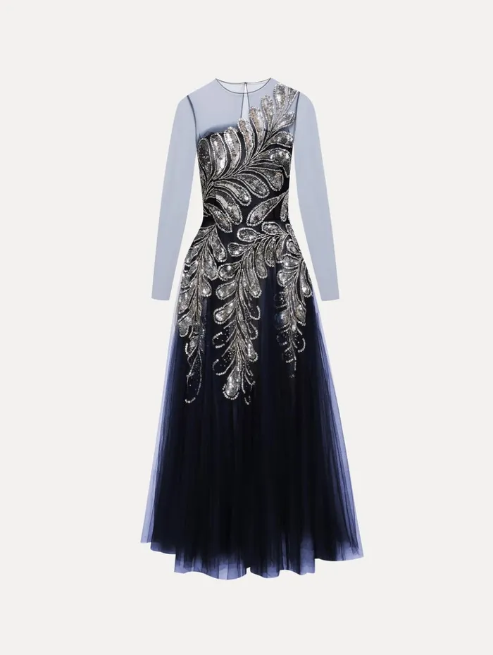 Women Dresses Oscar De La Renta Fern Crystal Embroidered Cocktail Dress Navy Silver
