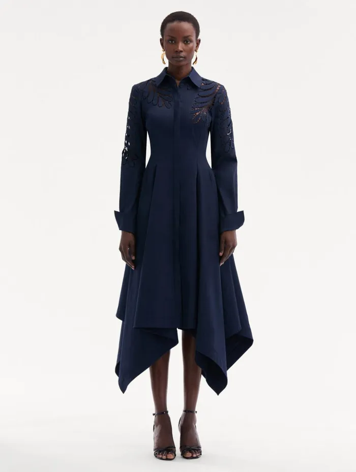 Women Dresses Oscar De La Renta Fern Cutout Cotton Twill Dress Navy