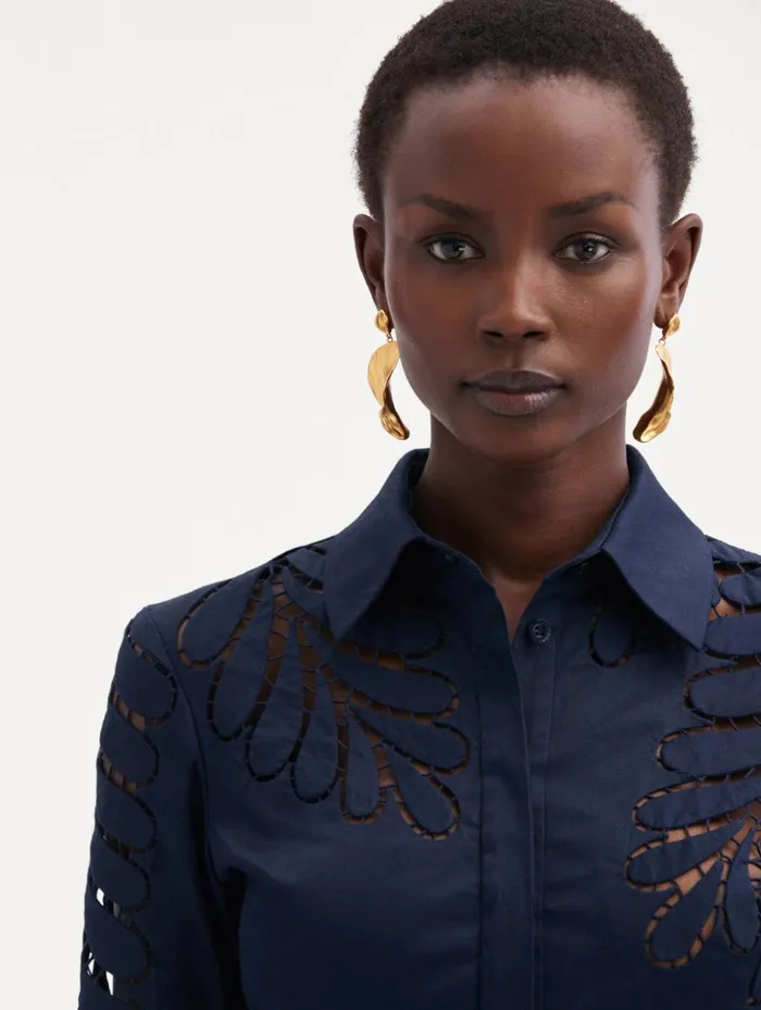 Women Dresses Oscar De La Renta Fern Cutout Cotton Twill Dress Navy