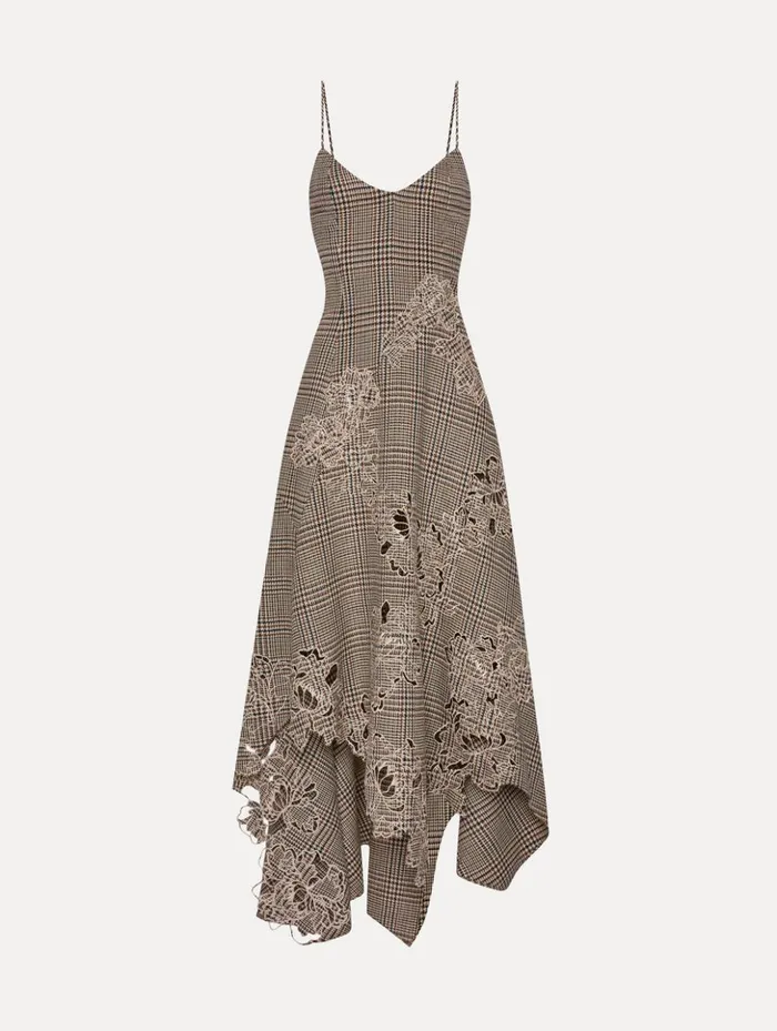 Women Dresses Oscar De La Renta Peony Guipure Appliqu Plaid VNeck Dress Cocoa Multi