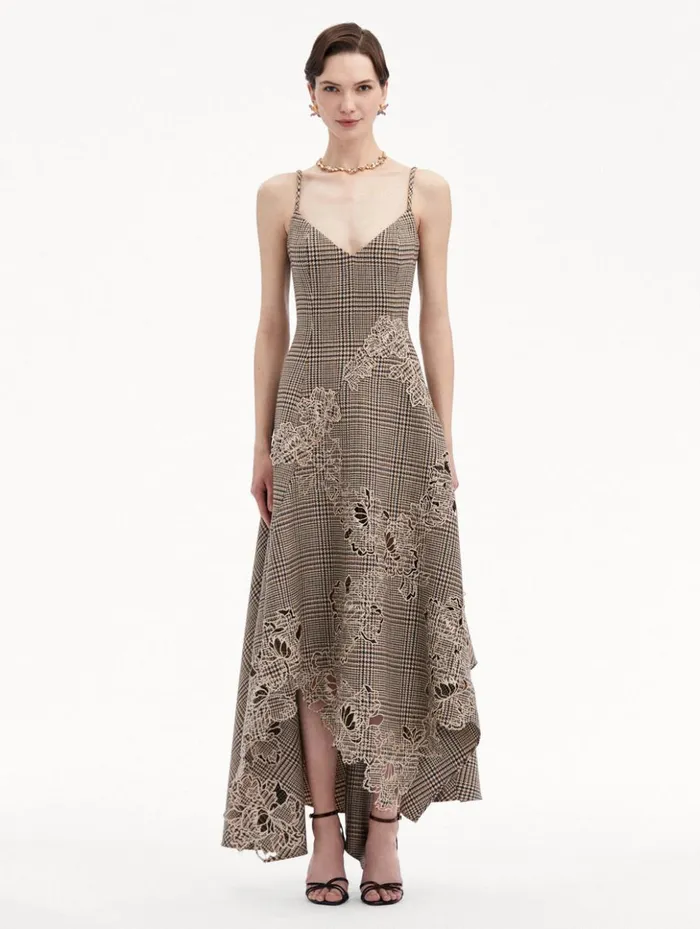 Women Dresses Oscar De La Renta Peony Guipure Appliqu Plaid VNeck Dress Cocoa Multi Women Dresses Oscar De La Renta Peony Guipure Appliqu Plaid VNeck Dress Cocoa Multi