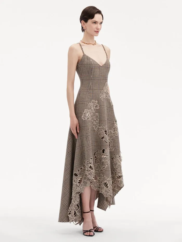 Women Dresses Oscar De La Renta Peony Guipure Appliqu Plaid VNeck Dress Cocoa Multi Women Dresses Oscar De La Renta Peony Guipure Appliqu Plaid VNeck Dress Cocoa Multi