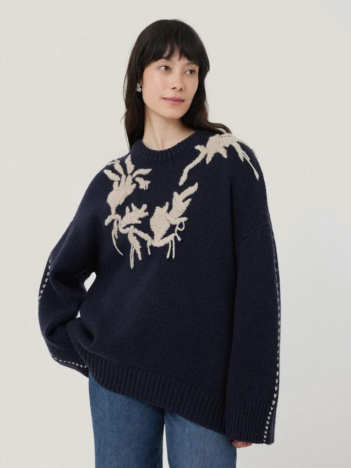 Women Embroidered Knitted Jumper Navy Jigsaw Knitwear and Cashmere