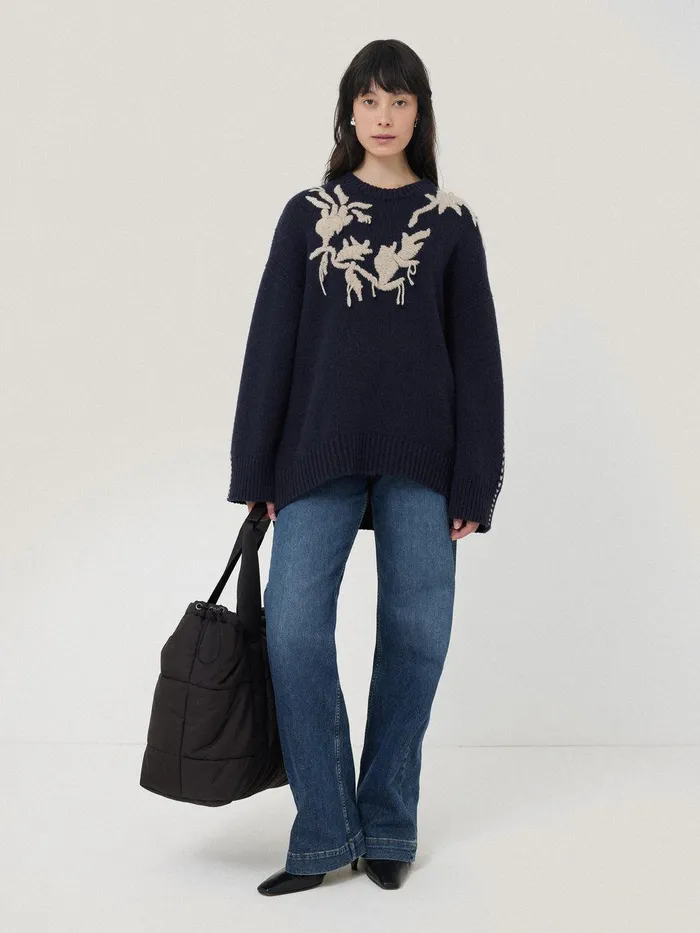 Women Embroidered Knitted Jumper Navy Jigsaw Knitwear and Cashmere