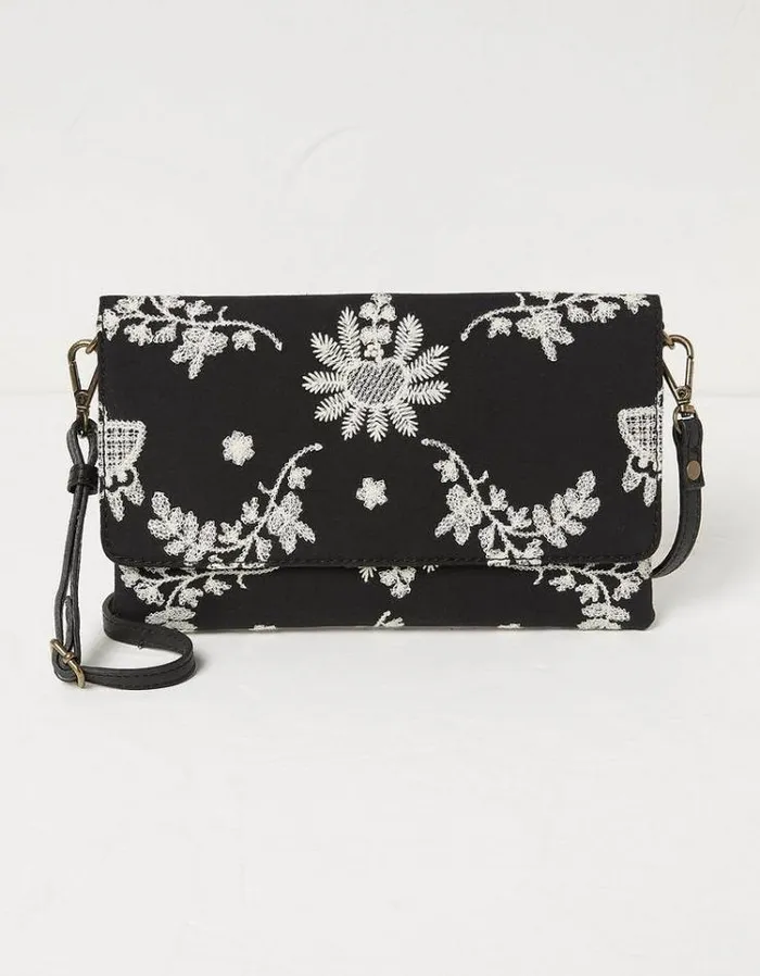 Women FatFace Copper and Black FatFace All Dressed Up Elena Wristlet Broderie Crossbody Bag Black
