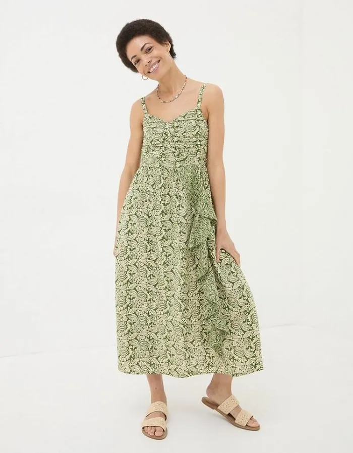 Women FatFace Dresses Lucia Damask Floral Midi Dress Dark Green