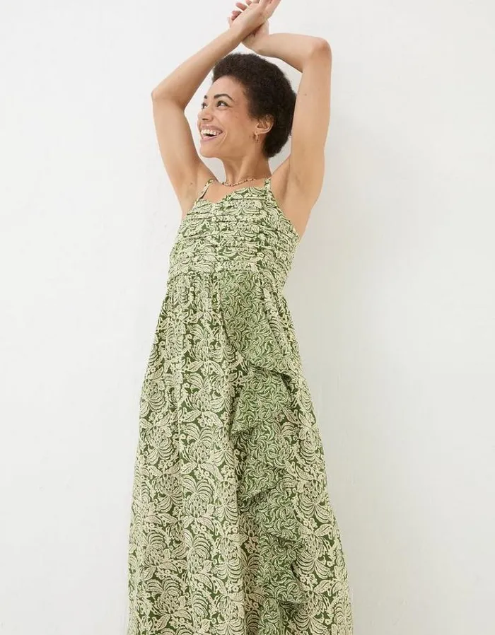 Women FatFace Dresses Lucia Damask Floral Midi Dress Dark Green