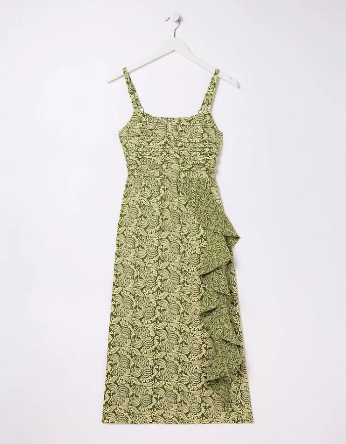 Women FatFace Dresses Lucia Damask Floral Midi Dress Dark Green