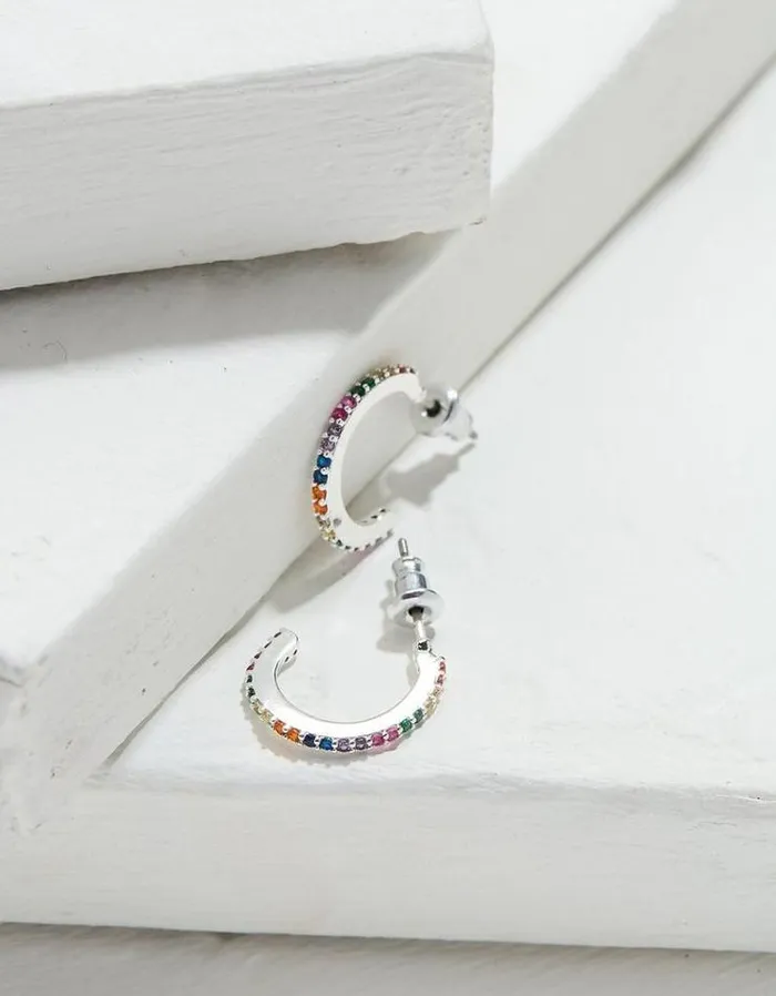 Women FatFace Jewelry Multi Colour Gem Hoops Silver