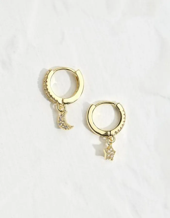 Women FatFace Jewelry Star Moon Huggy Hoops Gold
